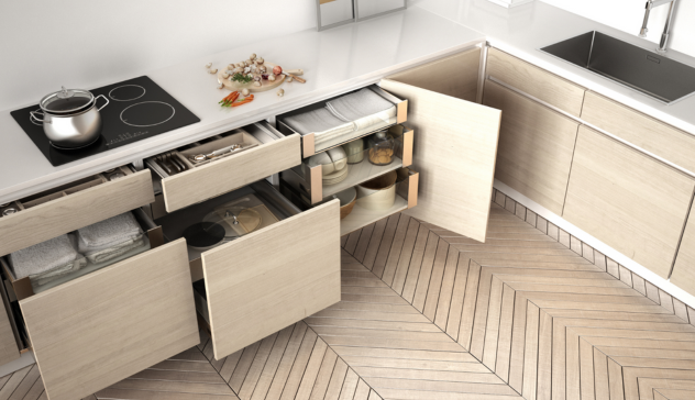 Modular drawers with organized compartments and corner pull-outs that maximize storage and minimize clutter ideal for compact kitchen layouts.