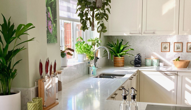 Cozy Kitchen Nook with Natural Light and Hanging Plants A cozy kitchen nook with hanging plants and natural light streaming in through the windows.