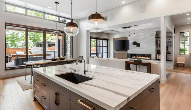 Modern Kitchen with Pendant Lights and Natural Light A modern kitchen with pendant lights complementing natural light from large windows.